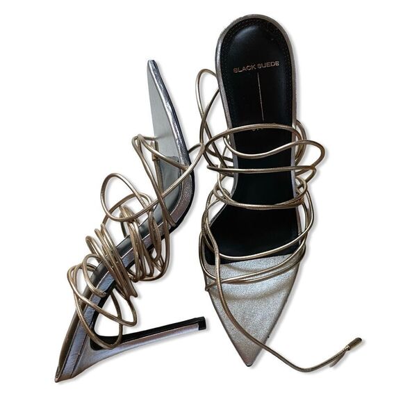 BLACK SUEDE STUDIO Talia Heels shoes Sandals Silver Gold ankle tie Revolve 8.5 - Picture 8 of 15